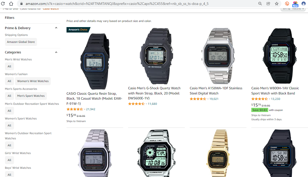 Thêm một thương hiệu đồng hồ hiện đang được đông đảo khách hàng Việt chọn mua trên Amazon đó chính là đồng hồ Casio. 